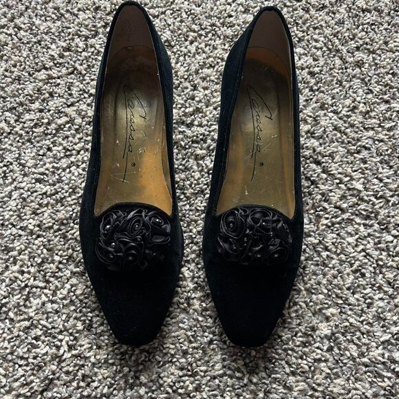 Vintage Caressa By Taicher Black Velvet flats with rose detail leather soles 8.5 - Picture 1 of 8